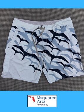 AFTCO Fishing Board Shorts Mens Size 38 Blue Bird Print Swim